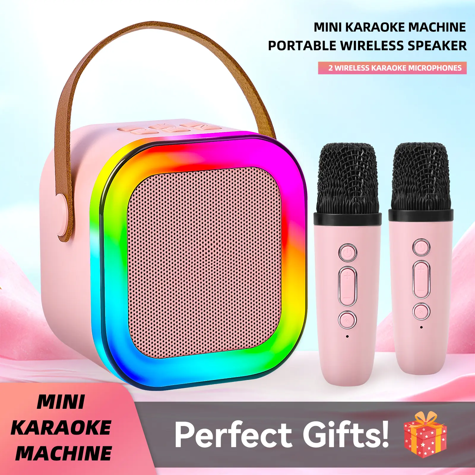 Mini Karaoke Machine with 2 Wireless Microphones for Kids Adults, Portable Speaker with Atmosphere RGB Lights, Multifunctional Sound System Music Player, Birthday Thanksgiving Christmas Holiday Gift for Family Friends