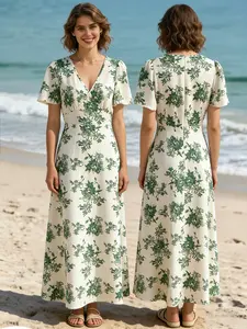 Spring Summer Floral Dress, V Neck Bubble Sleeves, Waist Cinching, Long Flowy Design, Romantic Beach Vacation Style, Casual, Womenswear, Elegance
