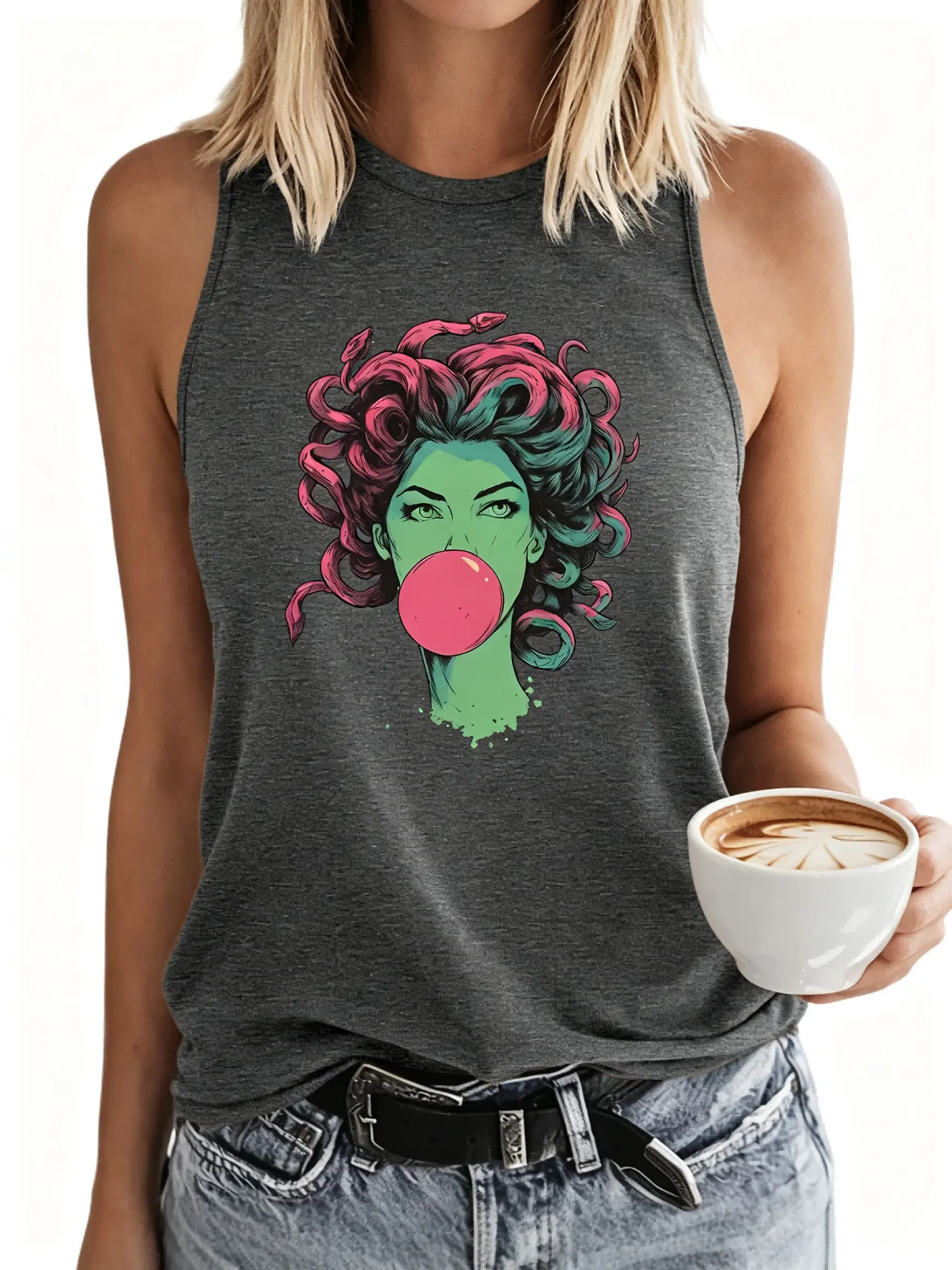 Bubblegum Medusa Print Tank Top| Vintage Mythical Style Sleeveless Top| Cool Trendy T-Shirt| Summer 2026 New Vacation Style Clothing| Elegant Party Vintage Fashion Loose Fit Sporty Style Women'S Clothing