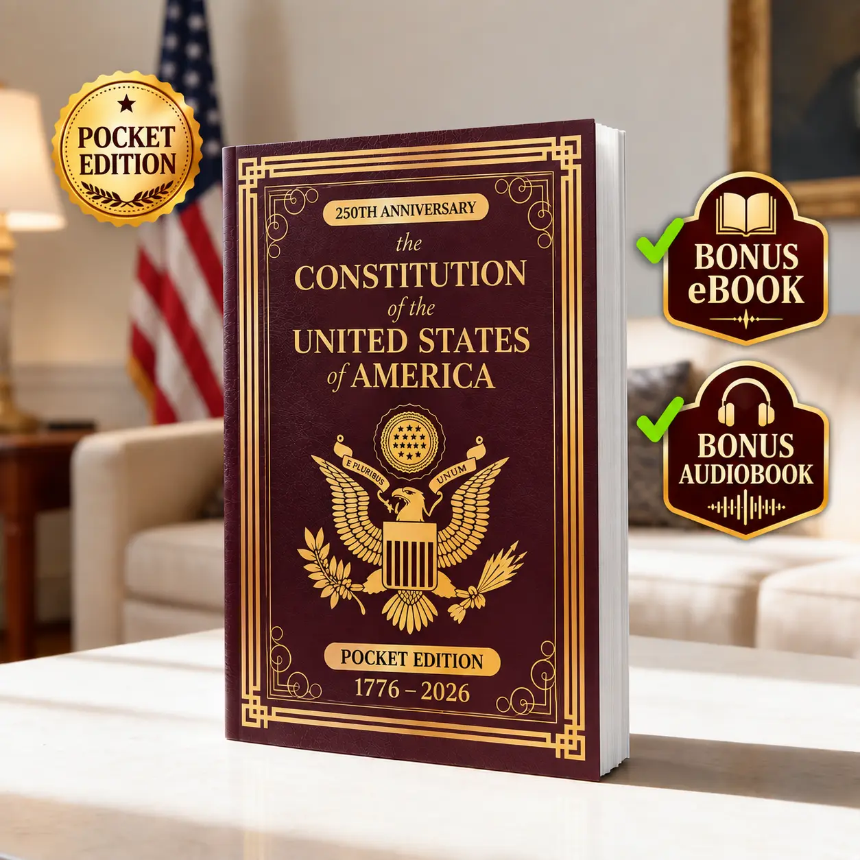 U.S. Constitution Pocketbook + BONUS 22-Hour Audiobook + 614-Page eBook  – Pocket Founding Documents, Patriotic Gift for Veterans & Families