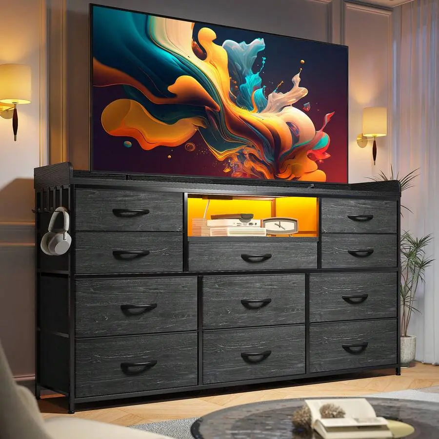47.2" W Black Fabric Dresser, 11 Storage Drawers, 60" TV Stand With LED Lights And Charging 47.2" W Black Fabric Dresser, 11 Storage Drawers, 60" TV Stand With LED Lights And Charging