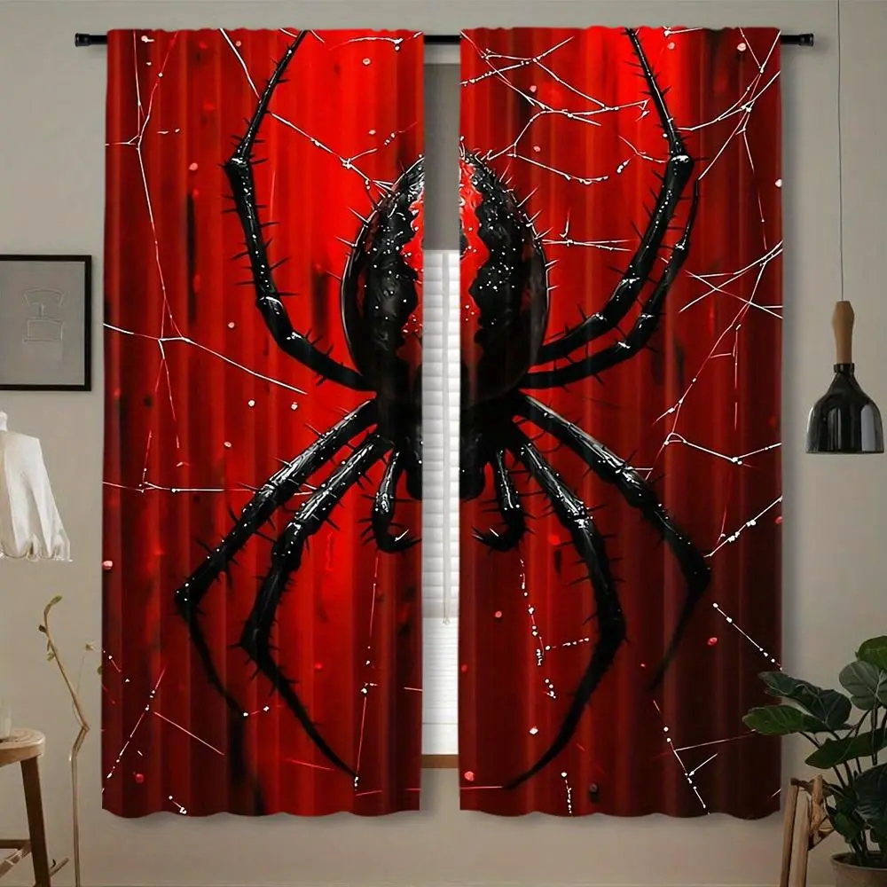 Luxurious Spider Web Print 2-Piece Curtain Set, Semi-Transparent Polyester Rod Pocket Panels, Cordless Embossed Scroll Design, 100-120 gsm, for Bedrooms & Home Office Decoration door beads