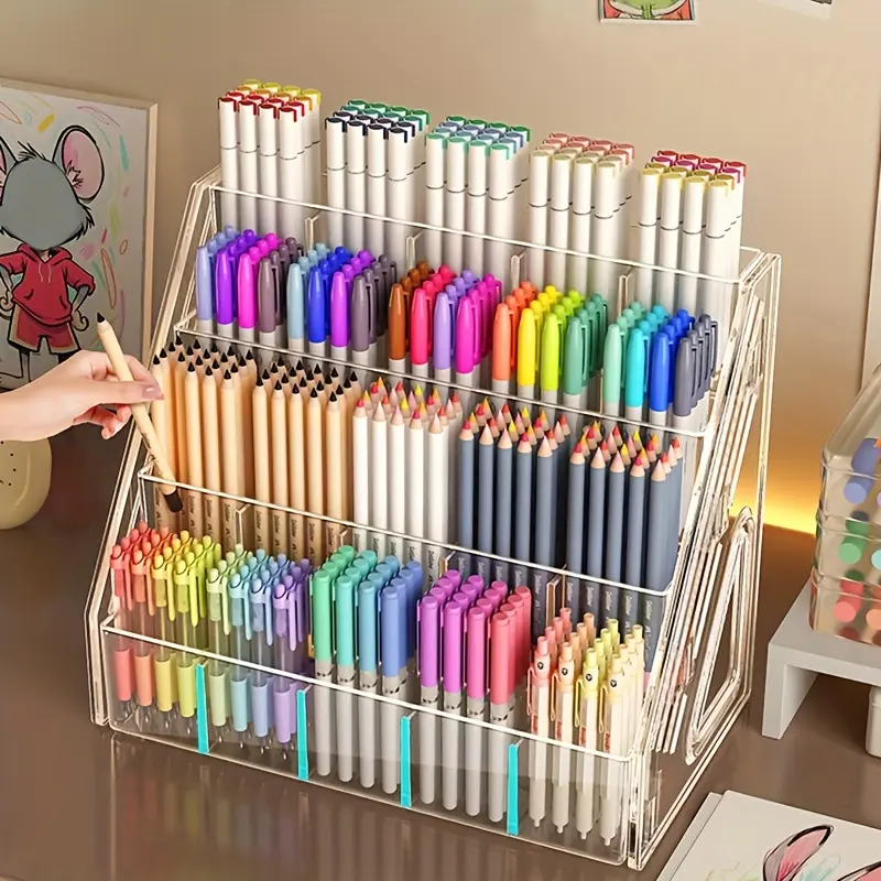 1PC pen holder storage rack, large capacity acrylic organizer, brush compartment storage box, Desk accessories, Office desk accessory, suitable for brushes, pencils, markers, home, office, school, durable design, office supplies and handicraft lovers