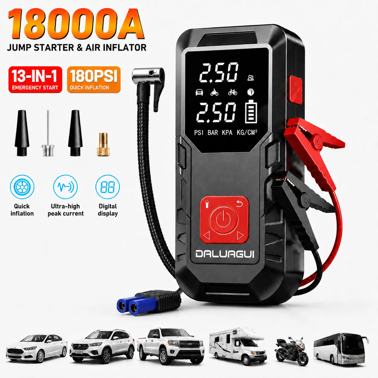 18000A 13-in-1 Multi-Functional Emergency Jump Starter with Air Pump, 180PSl Portable Car Battery Jumper, Digital Tire, LED Emergency Light, Car Accessories, High-Performance Pump, Portable Emergency Jump Starter, Emergency Kit, Outdoor Adventurer