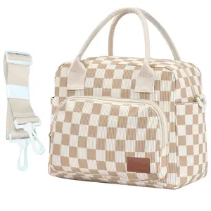 Nifogo Strawberry Plaid Insulated Cooler Tote Leakproof Waterproof Reusable Lunch Bag with Adjustable Shoulder Strap Fashion Design for Women Men Work Picnic Hiking Camping Outdoor Activities