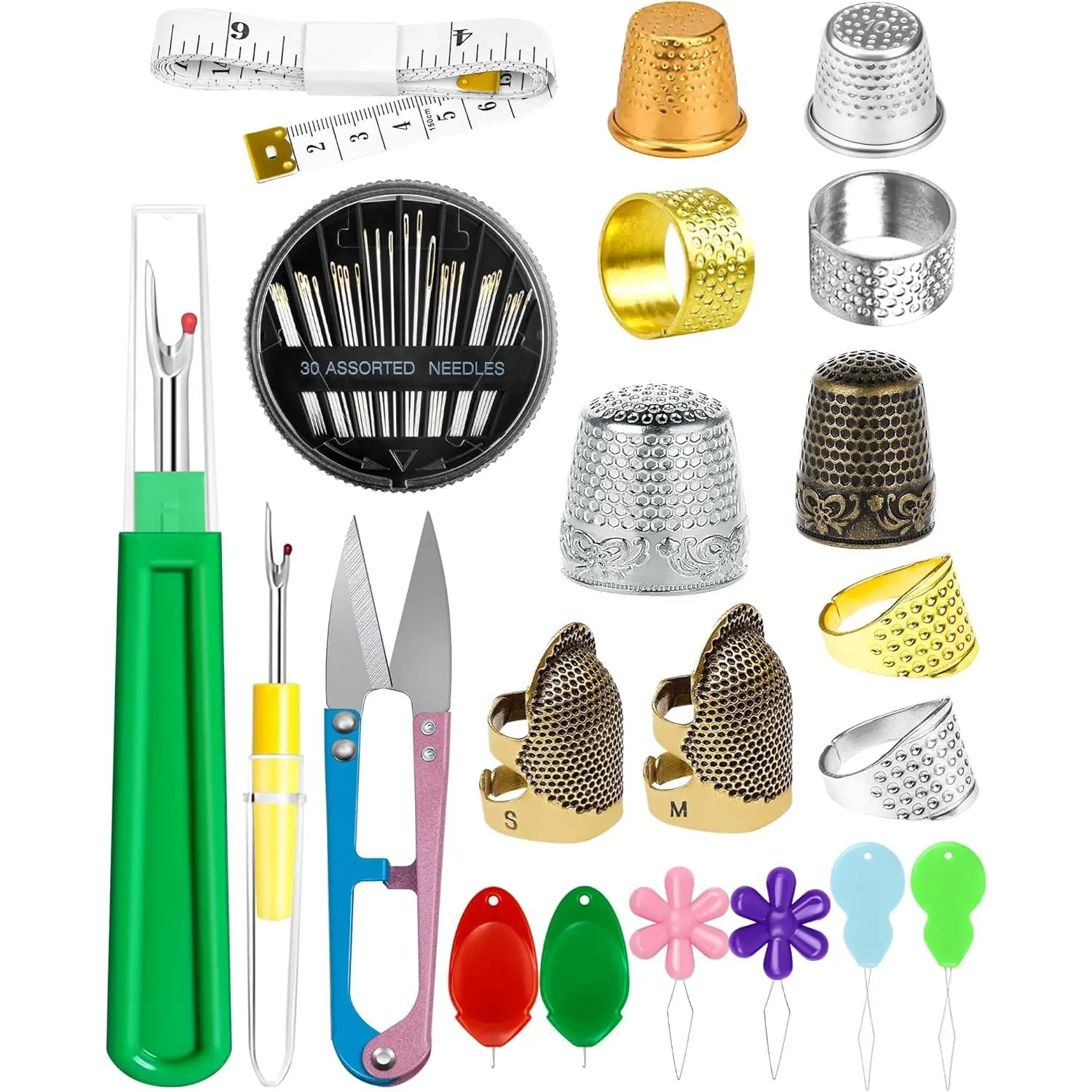 Thimble Kit- Sewing Thimbles for Hand Sewing, Metal Finger Protectors, Thimble Ring for Quilting, Includes Needle Threader, Embroidery Needles, Seam Ripper, Measuring Tape and Thread Snips