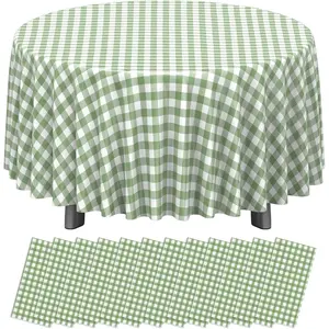 12 Pack Sage Green Plastic Checkered Tablecloth Round, Premium Decorative Disposable Sage Green Gingham Plaid Table Cloths for Parties, Round Party Table Cover for Baby Shower Picnic Birthday, 84 Inch