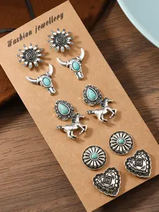 6 Pairs Unisex Design Bohemian Theme Style Cowboy Prairie Element Alloy Material Turquoise Accent Earrings, Fashion Jewelry for Men and Women, Trendy Accessory, Fashionable Accessories, Six Pairs Set