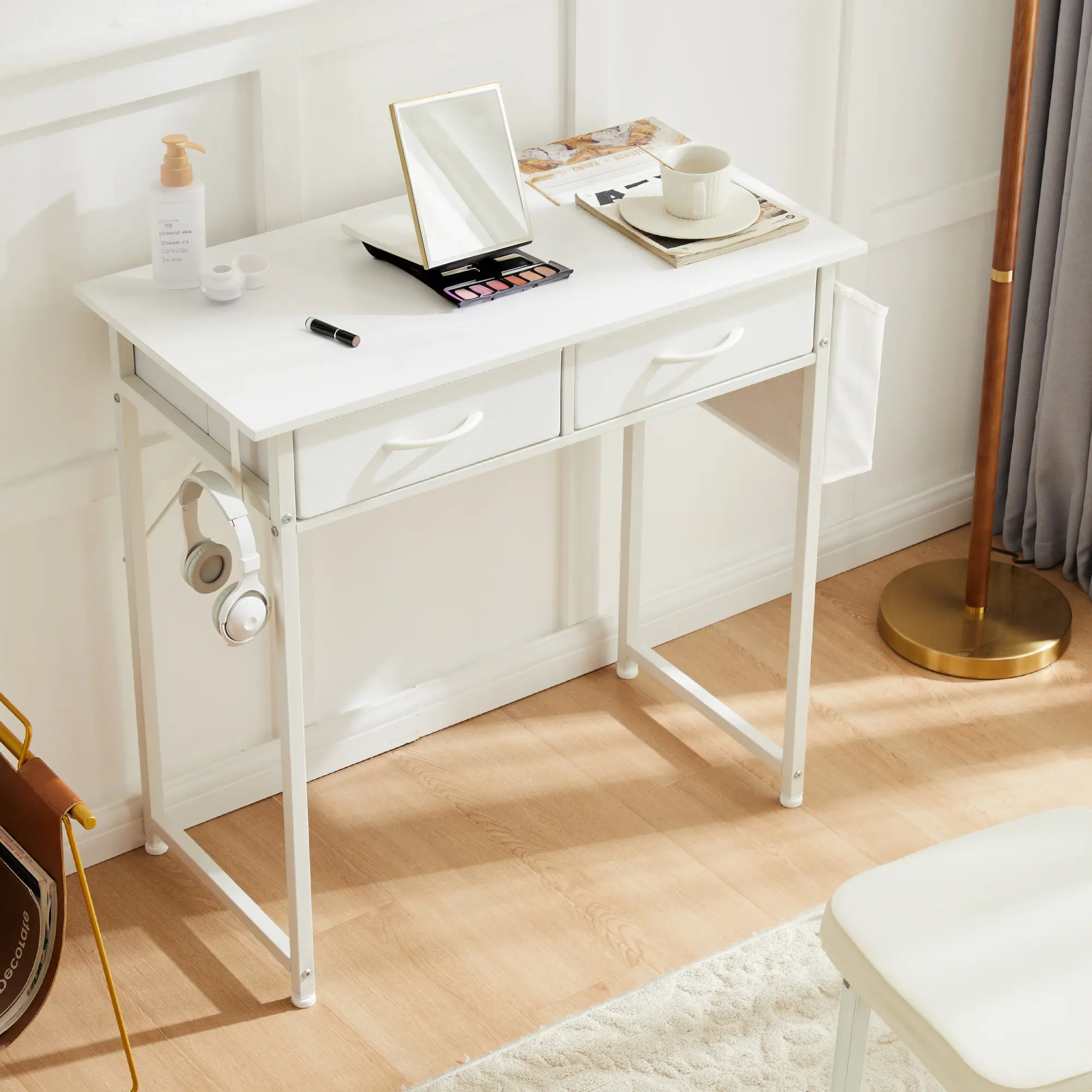 MOOLSUN Small Desk with Fabric Drawers – 32" Computer Gaming Desk, Writing Study Table with Side Bag, Headphone Hook, Metal Frame & Adjustable Feet for Bedroom or Home Office
