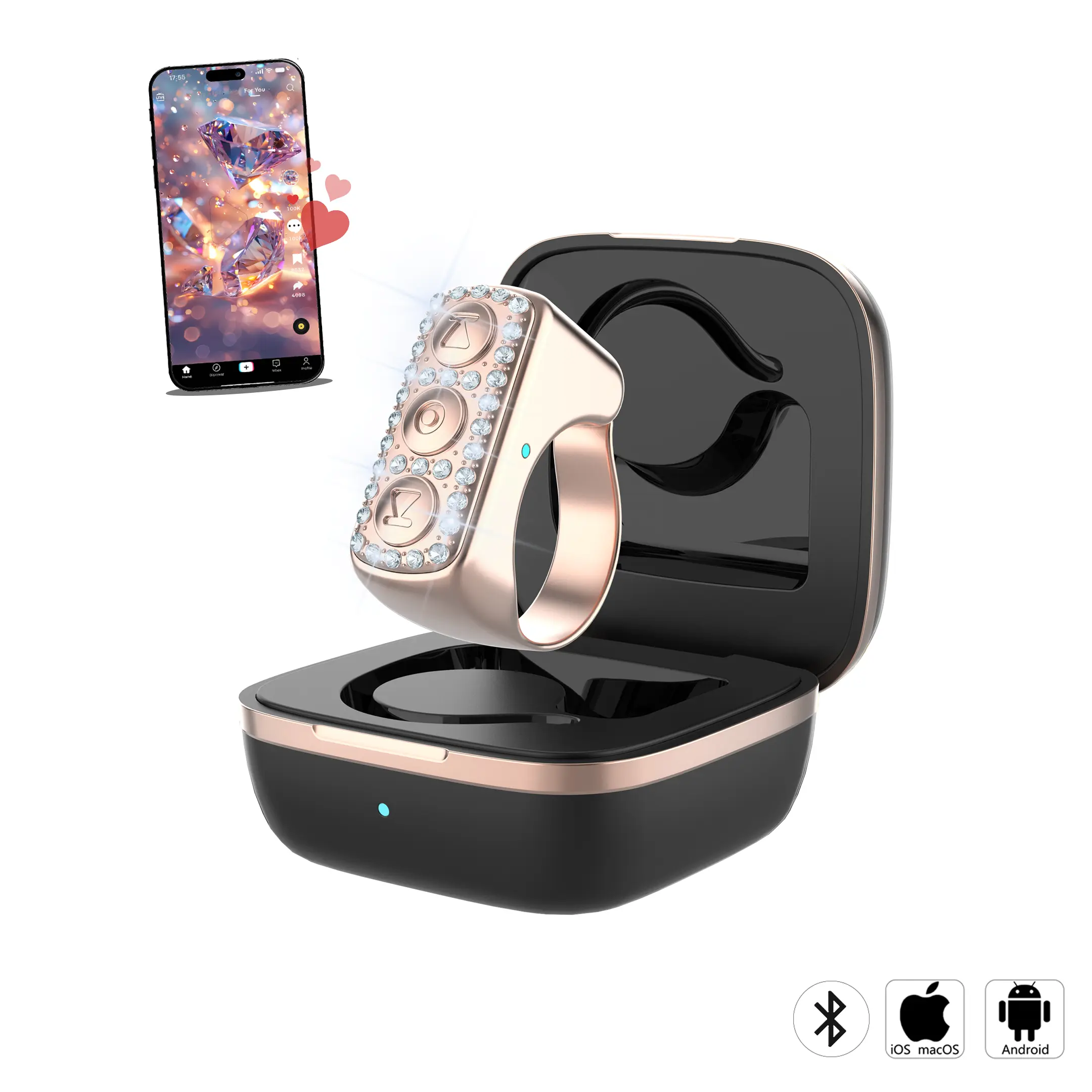 ZOZVO d03 Rhinestone Cordless Camera Remote Control Ring - Bluetooth Plastic-TPU Selfie Accessory, Smart Remote Control Phone Ring for iPhone, iPad, Android Smartphones, Couple Gifts Wireless