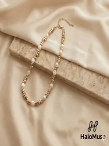 Irregular Baroque Pearl Gold Necklace for Women | Niche Design Metallic Statement Choker | Elegant & Effortless Summer Jewelry