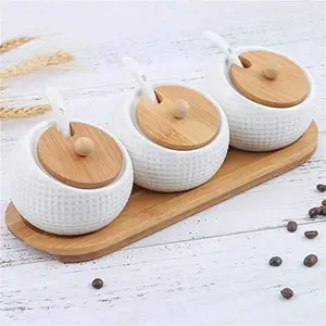 Set of 3 Porcelain Condiment Jar Spice Container with Lids - Bamboo Cap Holder Spot, Serving Spoon Kitchen Utensils