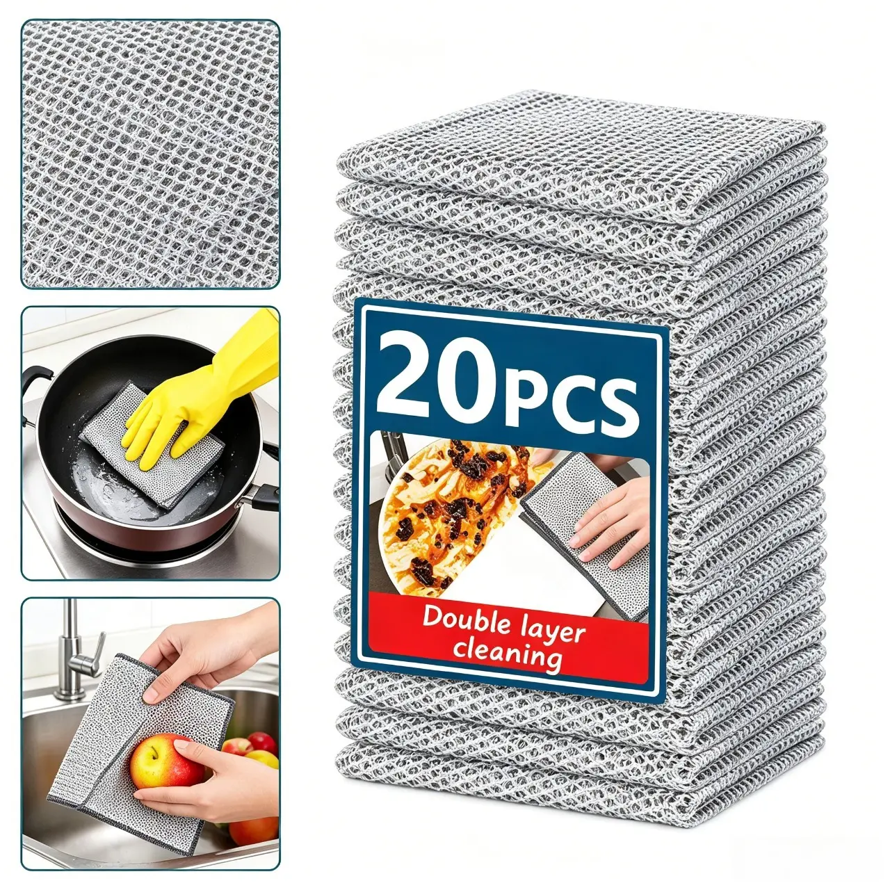 Upgraded Double-Layer Metal Steel Wire Mesh Dishcloth, Double-Sided Scrubbing Tool, Long-Lasting Home Kitchen Cleaning Supplies for Dishwashing & Outdoor BBQ