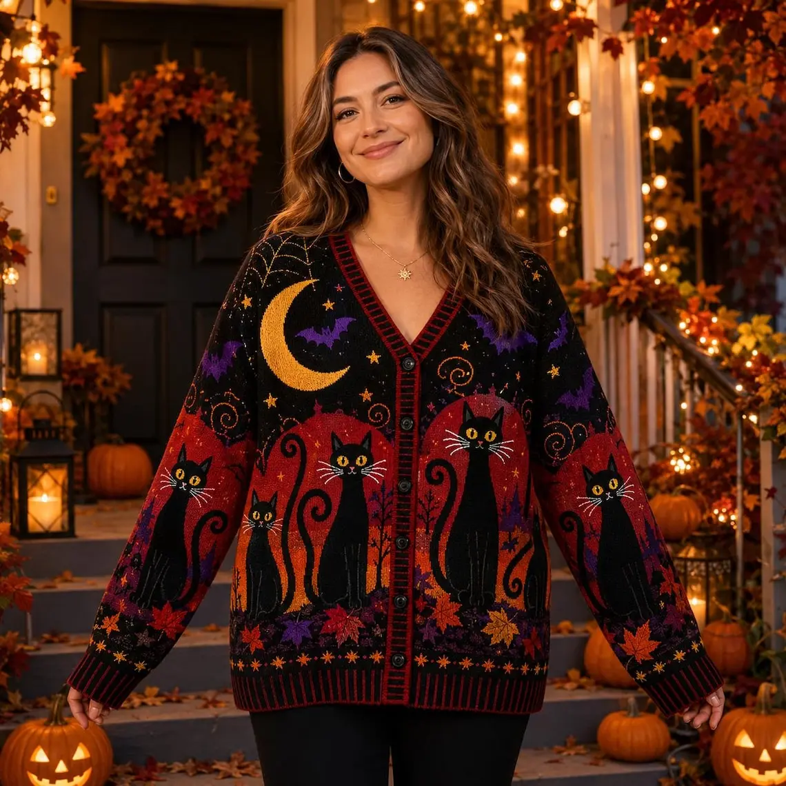 Black Cat Halloween Cardigan, Spooky Cat Knit Sweater, Gothic Halloween Cardigan, Fall Witchy Cardigan, Cute Cat Lover Gift