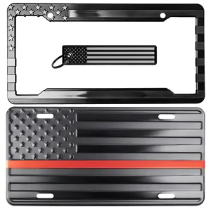 Thin Red Line American Flag License Plate, Frame & Key Tag Combo