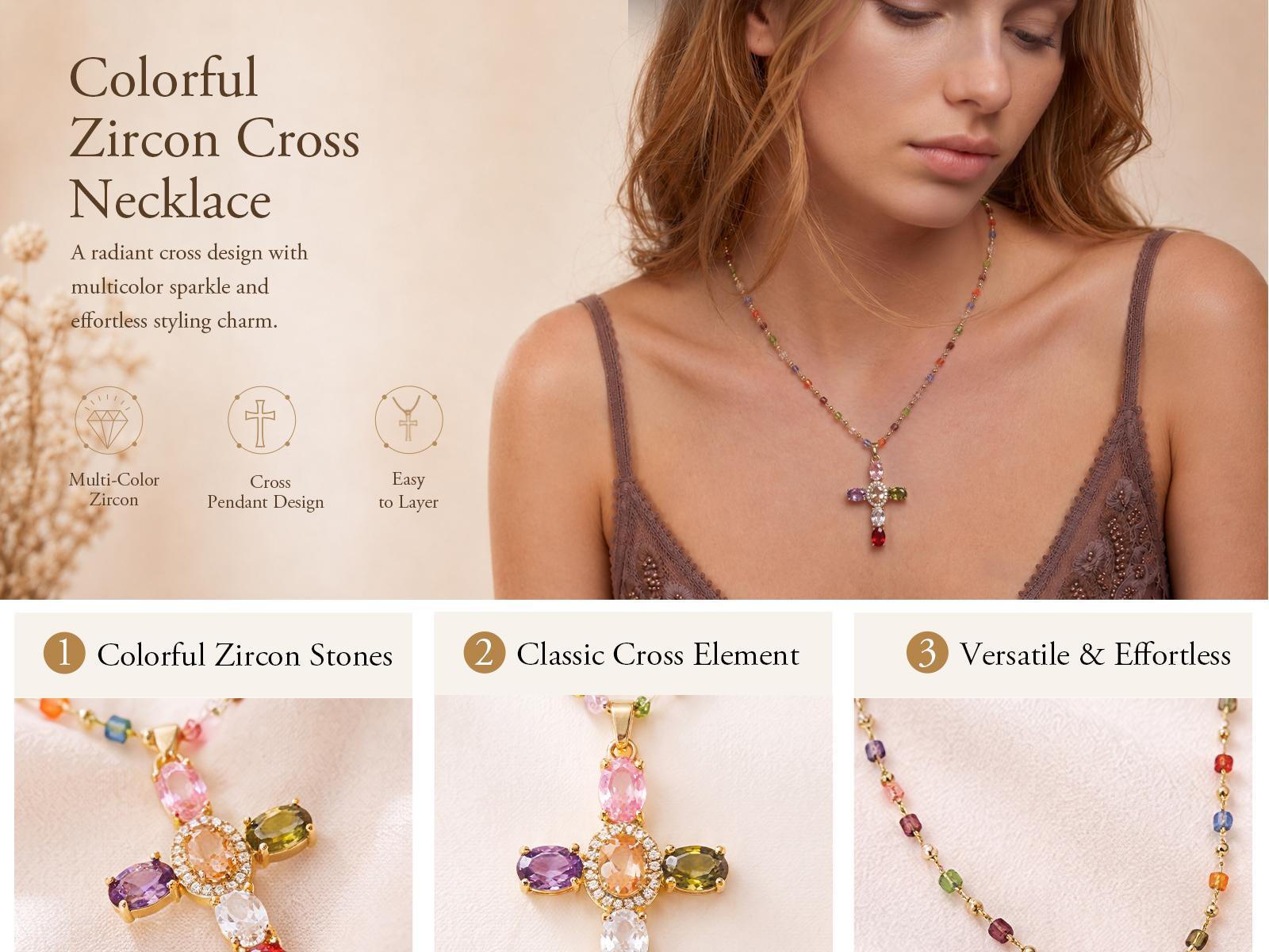 TEWIKY 14K Gold-Plated Gold Spacer Beads / Multicolor Cubic Zirconia Cross Pendant Necklace, Jewelry Necklace, Fashion Accessory Gift, Women's Everyday Casual Match Item