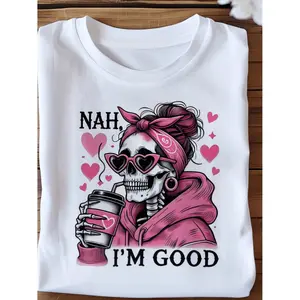 100% Cotton womens t shirt with skeleton crew neck short sleeve knit fabric medium stretch regular fit nah im good graphic tee for spring summer fall black -1 Funny Tee Shop