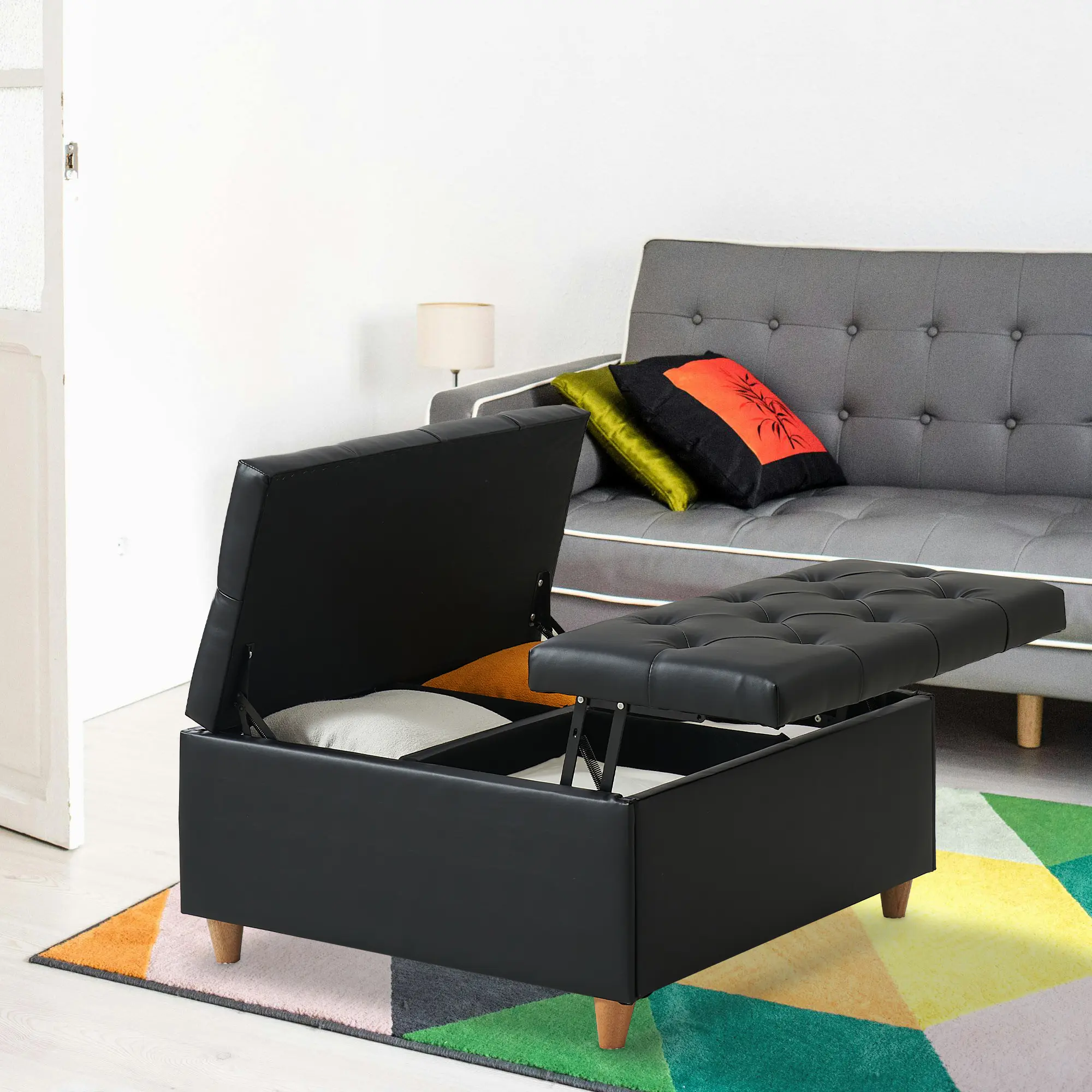 35 Inch Large Square Storage Ottoman, Soft Sherpa Fabric Upholstered Bench with Lift Top, Modern Tufted Foot Rest, Multi-Functional Coffee Table for Living Room & Bedroom