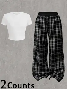 Women's Slim Fit Short Sleeve T-Shirt Set, Plaid Patchwork Comfortable Loose Straight Leg Pants, Casual Wear All Seasons, Casual Fashion Set