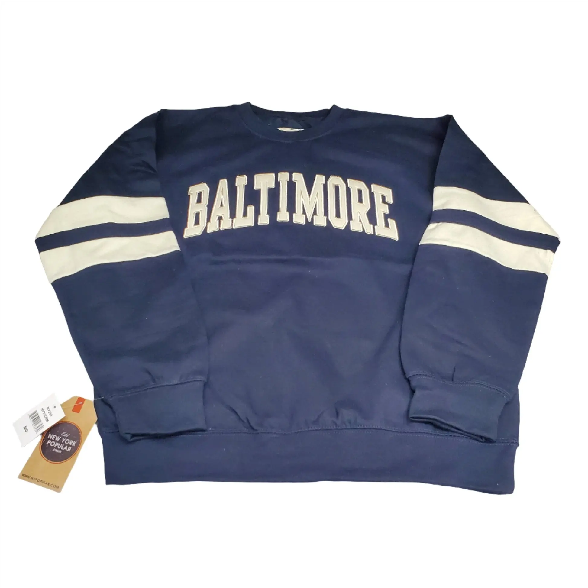 Embroidered Baltimore Crew Neck Sweater, Unisex Casual Long Sleeve Pullover in a Thick Striped Cotton Blend, Navy Blue, Decoration, Longsleeves, Round Neck