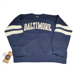 "Baltimore" Adult Unisex S-XL Crew Neck Pullover Sweater Embroidered Striped Long Sleeve, Navy Blue / Cream Cotton 60%/ Polyester 40%