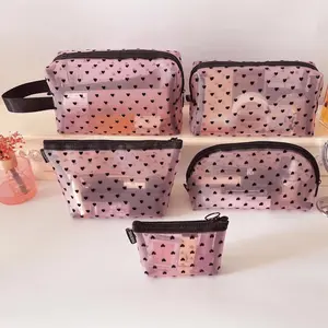 5 Pcs Heart Mesh Makeup Bags, See-Through Cosmetic Pouch Set with Zipper, Cute Travel Organizers for Toiletries & Small Items (Pink)