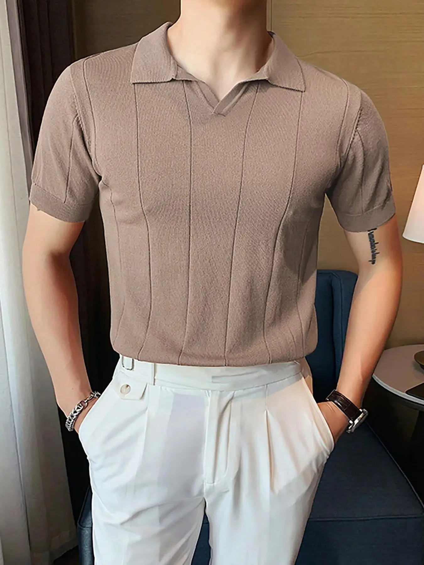 Men's Solid Thin Knit Top, Summer Clothes, Short Sleeve Knitted Polo Shirt, Summer Casual Tops, Black T-shirt for Men, Classic Fit Men's Clothing for