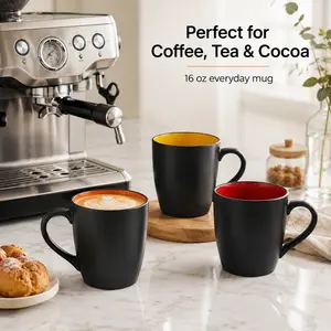 16oz Black Coffee Mug Set with Vibrant Colorful Interior - Food-Grade Lead-Free Ceramic Cups, Microwave & Dishwasher Safe, Perfect for Coffee, Tea & Cocoa, Ideal for Home & Office, Great Everyday Gift