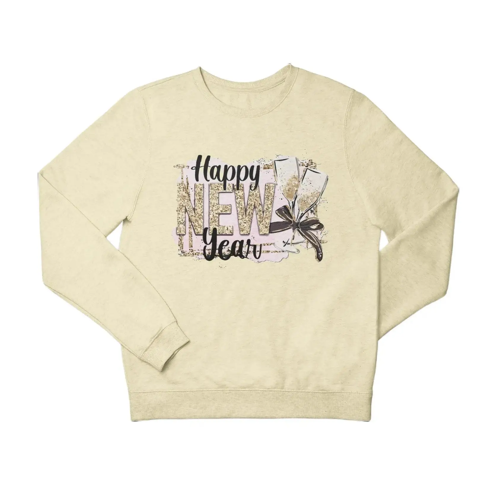 Happy New Year Sweatshirt - Stylish Tan Color for Casual Wear - Clothing Menswear Sweater Athletic Classic