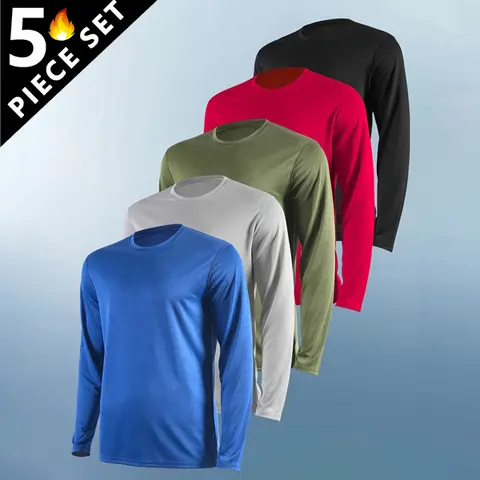 VRYXAL Men's 5-Pack Crew Neck Long Sleeve Athletic Compression Shirts - 5Piece 5Pack Workout Set, Quick Dry, Breathable, Lightweight, Plain, Slight Elasticity, Machine Washable Fitness Apparel for Running, Casual Wear