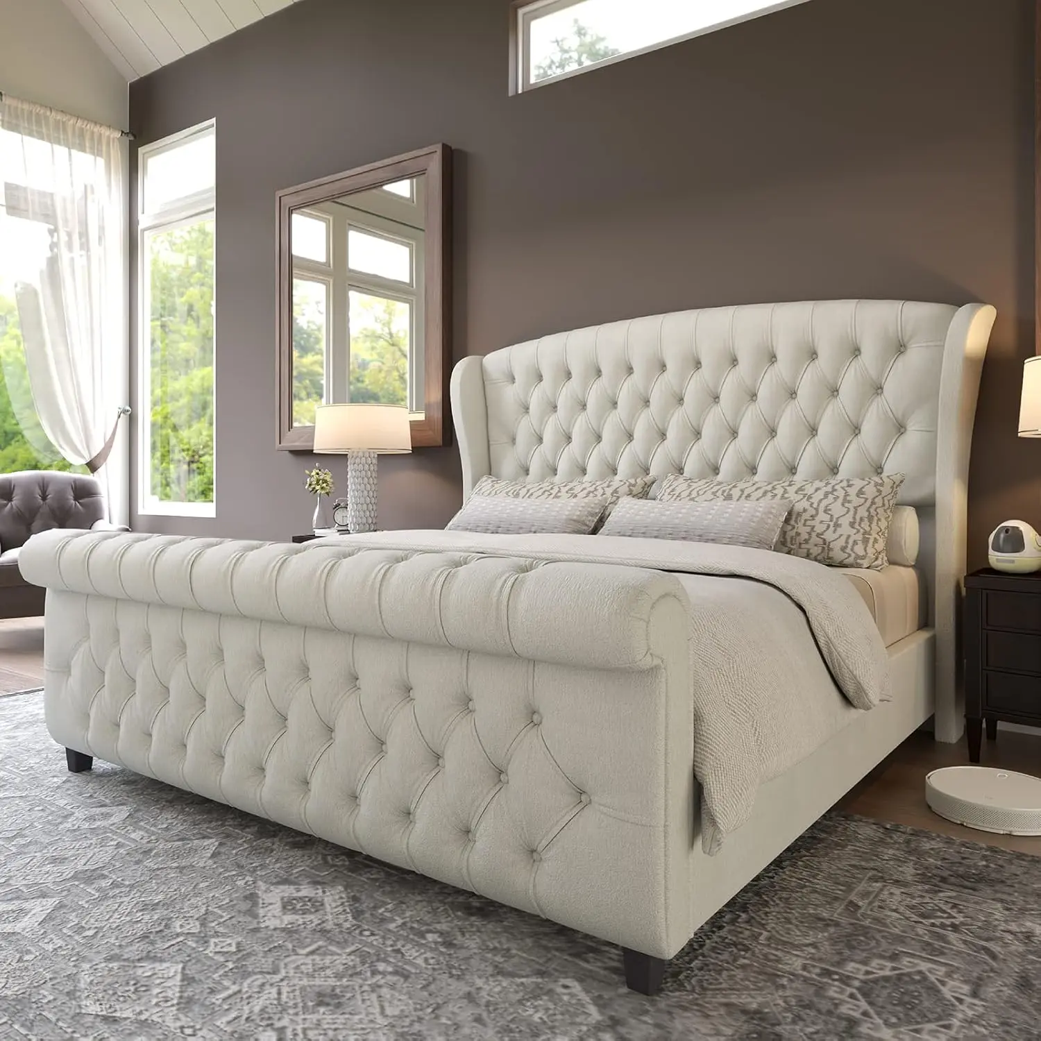 [Summerwins] [SummerFinds] AMERLIFE Platform Bed Frame,Velvet Upholstered Sleigh Bed with Scroll Wingback Headboard&Footboard/No Box Spring Required/Christmas Gift/Best Gift Ideas