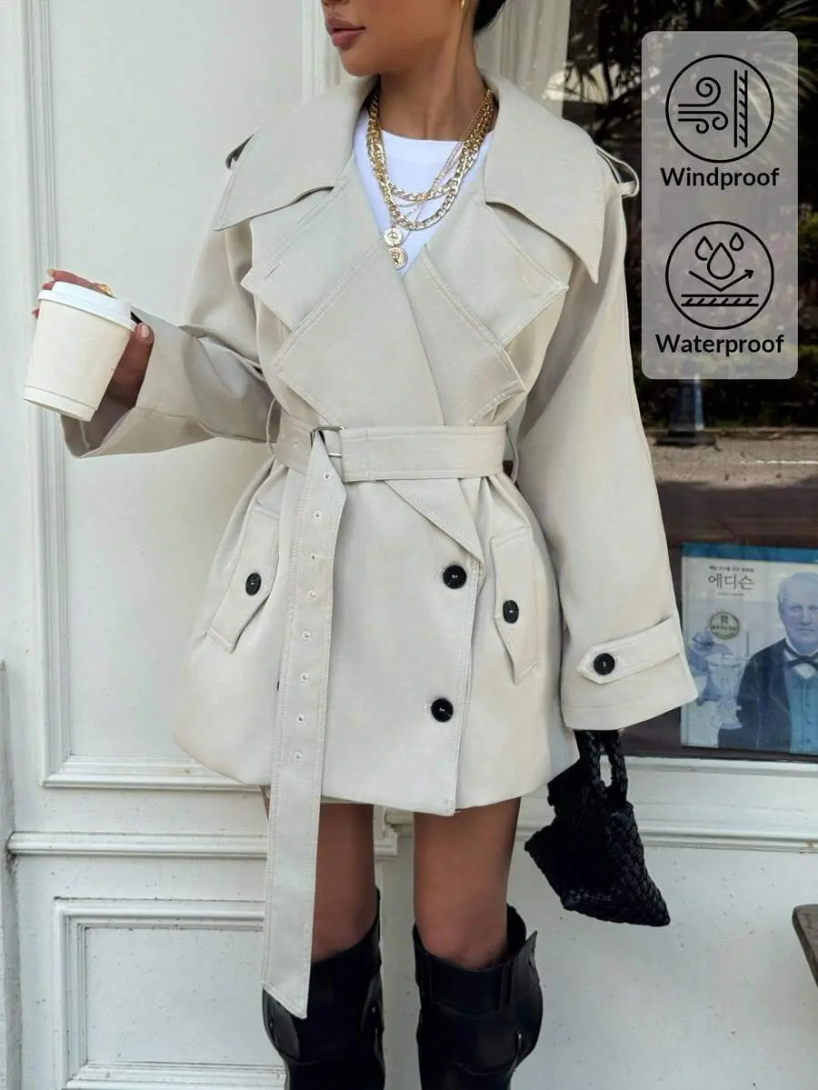 Muchica Women's Fashionable Elegant Double-Breasted Belted Trench Coat French Style In Autumn/,Cozy Teachers' Day Office Cream White