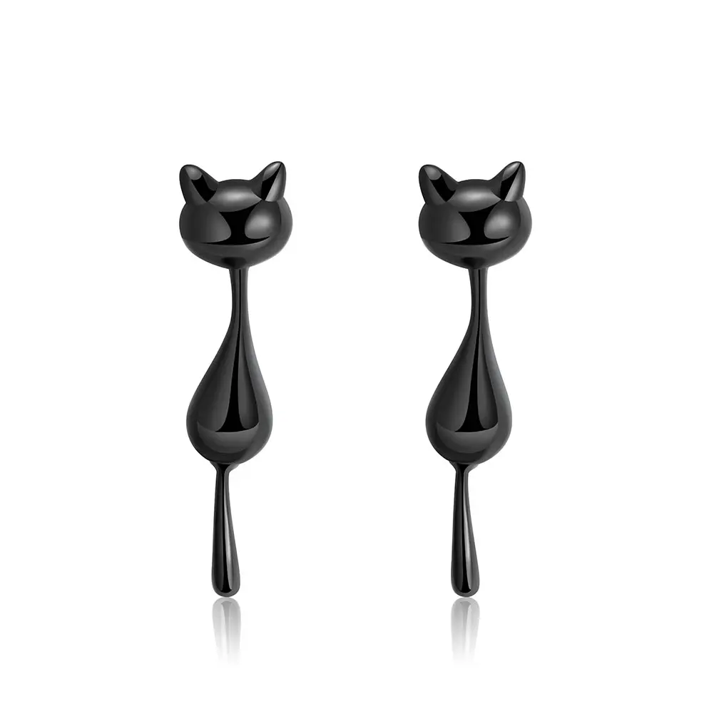 Ginny Black Cat Earrings for Women by Ginger Lyne |  Sterling Silver Kitty Drop Dangle Ear Rings for Her | Gifts for Kitten Moms