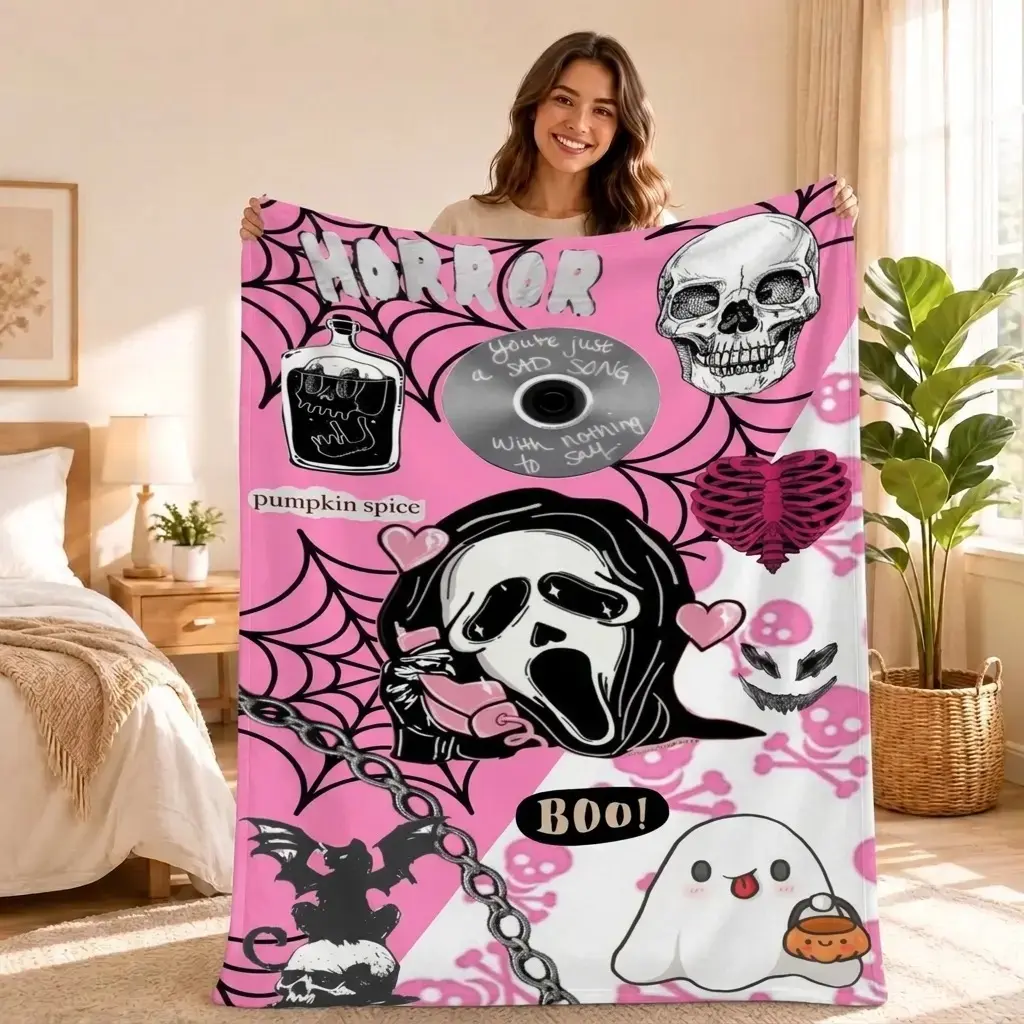 Pink Ghost Face Playing Card Print Flannel Throw Blanket, Soft Cozy Warm Lightweight Decorative Throw, Ideal for Bedroom Living Room Lounge, Gift for Parties & Room Decor