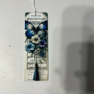 Butterfly Hymnal Metal Bookmark with Blue Floral Design and Tassel Accent