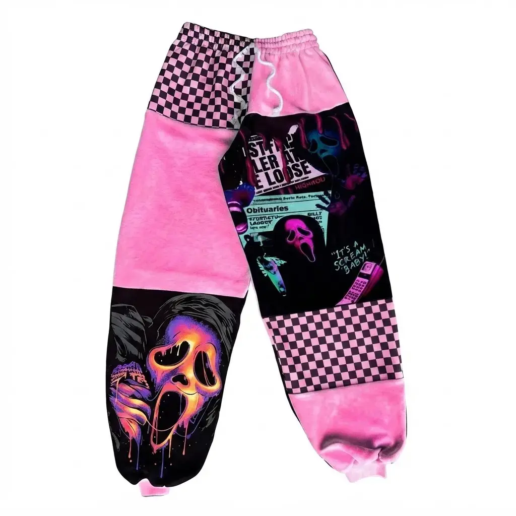 Halloween Horror Graphic Jogger Pants | Ghost Face Patchwork Sweatpants | Checkerboard Y2K Streetwear Pants | Gothic Alternative Casual Trousers | Halloween Gift