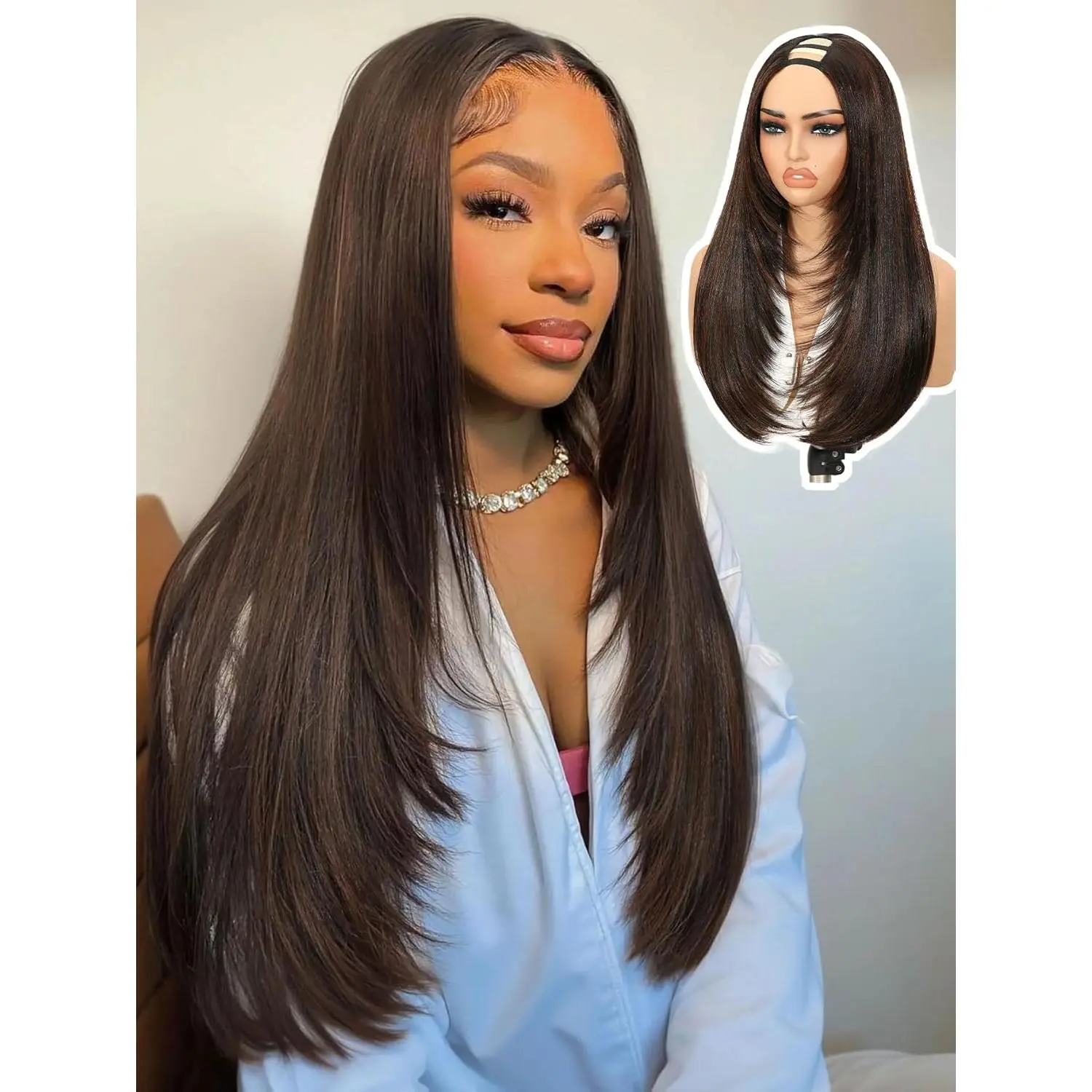 Brown Highlight U Part Wig for Black Women Layered Yaki Straight V Part Wig Synthetic Half Wigs Glueless Realistic Pull and Go Beginner Friendly for Daily Party Use((24inch,Highlight Brown )
