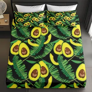 2/3 PCS Avocado Tropical Pattern Theme Fitted Sheet Set,Skin-Friendly Breathable Bedding Set(1*Fitted Sheet +1/2 Pillowcase,No Filling),Suitable For All Year Round Machine-Washable,Valentine'S Day Gift For Family