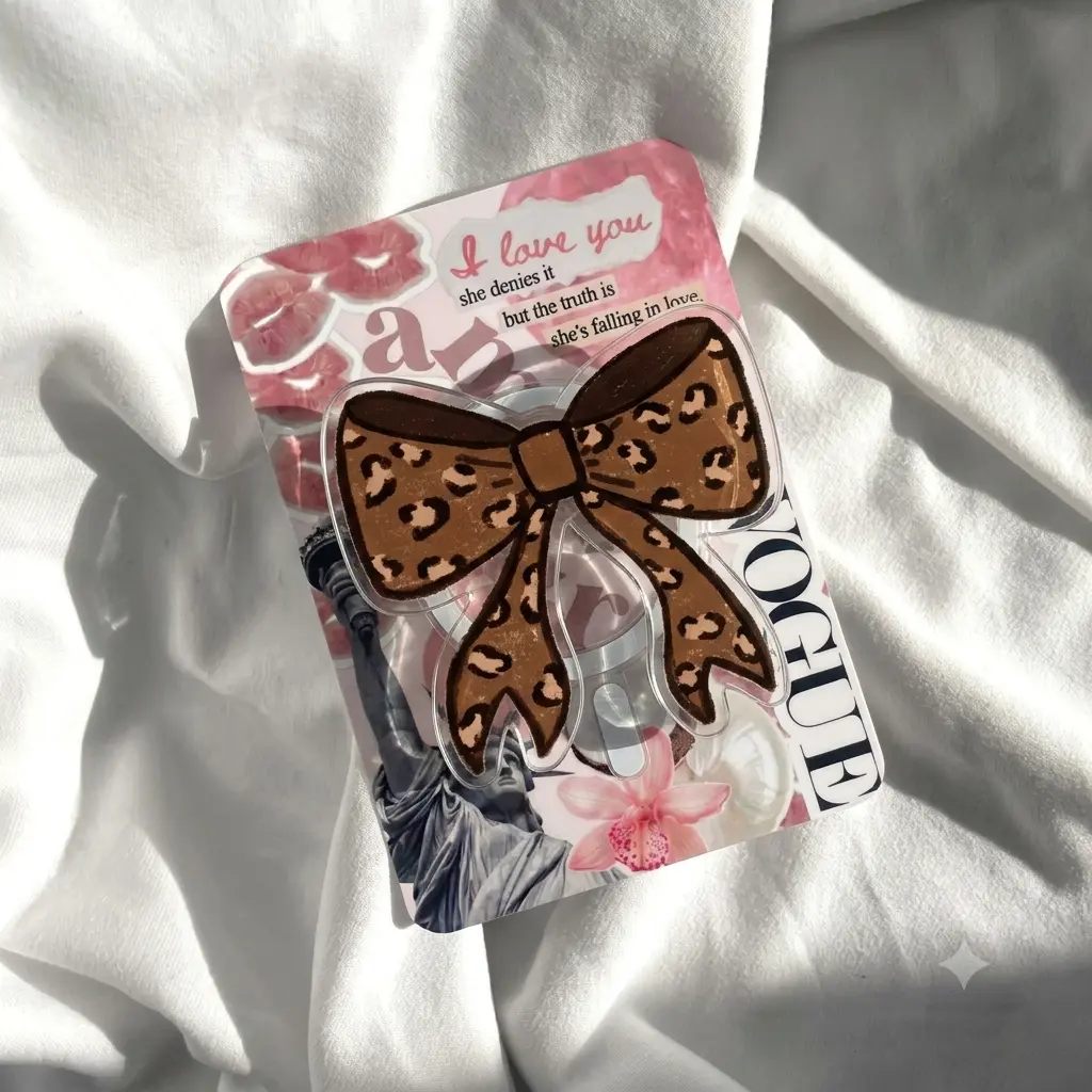 Cute Leopard Bow Phone Grip, Acrylic Animal Print Phone Holder Stand, Trendy Coquette Accessory, Gift for Women, Teen Girls, Cowgirl Style and Friends