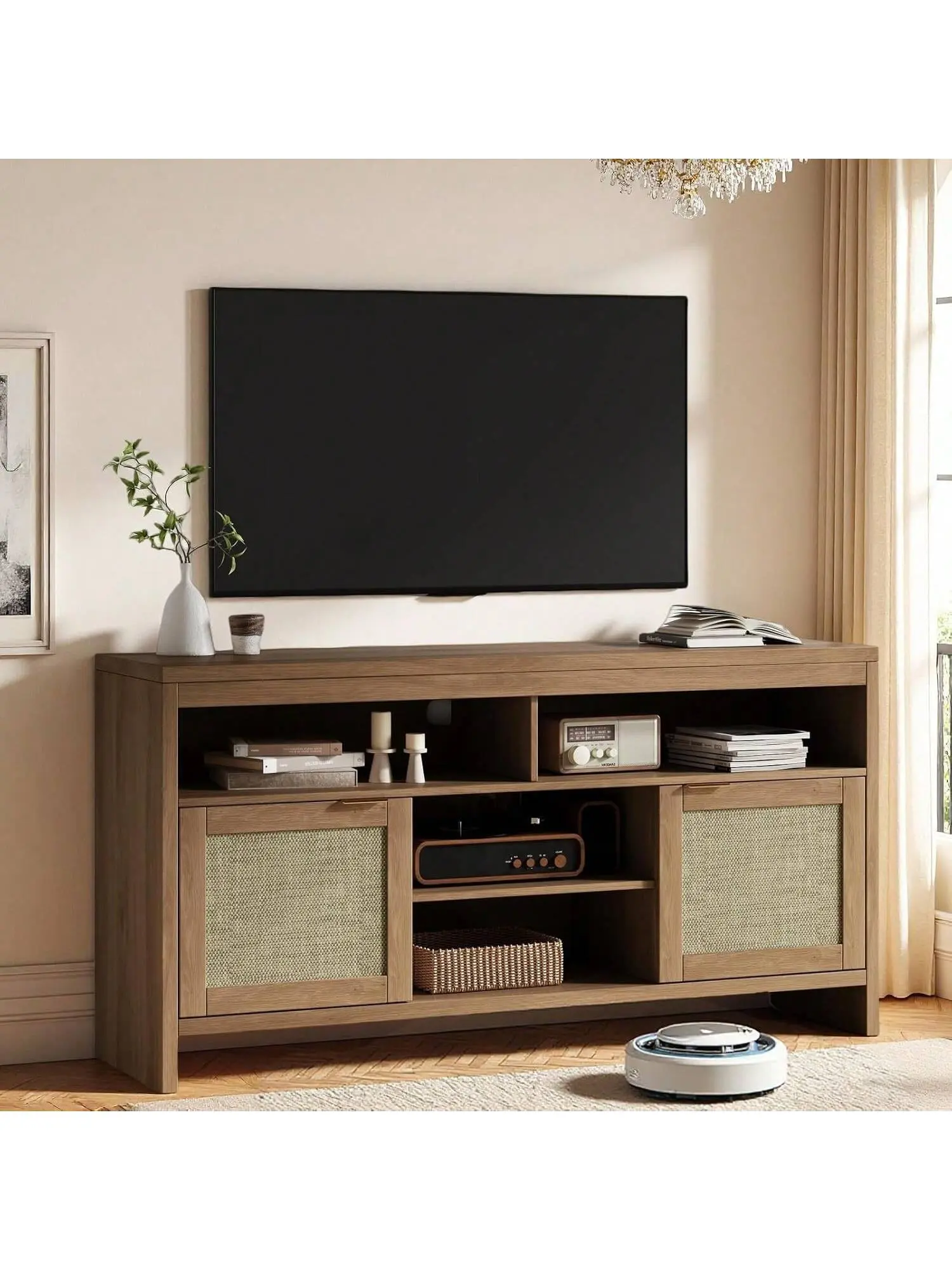 Natural Oak Boho TV Stand with Rattan Doors - 58-in Indoor Media Console, 65-in Capacity, Adjustable Shelves, Storage, 15.75"d×58"w×30"h, Easy Assembly, Living Room Use