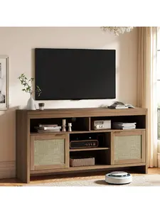 58" Inch Rattan TV Stand For TV Up To 65 Inch, Boho Entertainment Center With Storage,Wooden TV Console Cabinet With Adjustable Shelves For Living Room/Bedroom/Apartment/Farmhouse/Office(Natural Oak)