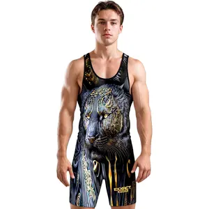 Exxact Sports Sublimated Adult Wrestling Singlet - Premium Powerlifting Singlet for Men Singlets(Black Lion)