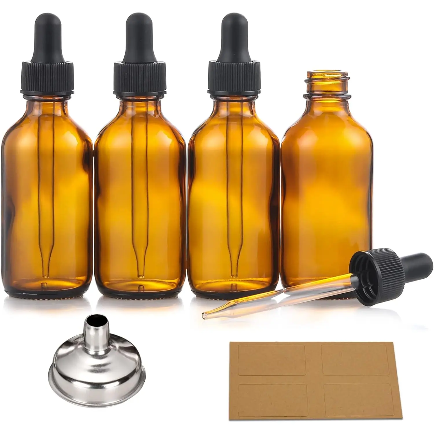 AOZITA 4 Pack, 2 Oz Dropper Bottles with 1 Funnel & 4 Labels - 60Ml Thick Dark Amber Glass Tincture Bottles with Eye Droppers - Leakproof Essential Oils Bottles AOZITA