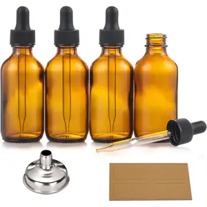 AOZITA 4 Pack, 2 Oz Dropper Bottles with 1 Funnel & 4 Labels - 60Ml Thick Dark Amber Glass Tincture Bottles with Eye Droppers - Leakproof Essential Oils Bottles AOZITA