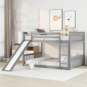 [Bellemave]Full over Full Bunk Bed with Slide and Ladder in Grey Color    RR