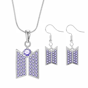 Y2K Kpop Purple Crystal Jewelry Set - Geometric Necklace & Earrings 2Pcs