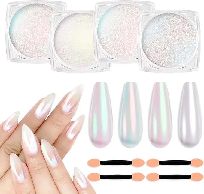 Chrome Nail Powder Set, 4 Metallic Mirror Nail Powder, Mermaid Pearl Pigment, Iridescent Nail Glitter Dust for Gel Polish, Dip Powder, Nail Art Decoration & Resin Crafts