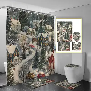 Snow Scene Pattern Shower Curtain with Hooks, Shower Curtain Sets, 1/4 Counts Including Shower Curtain & Toilet U-shaped Mat & Toilet Lid Mat & Bath Mat, Bathroom Accessories for Home