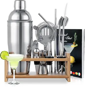 15PCS Cocktail Shaker Set, 750ml/25oz Bartender Kit with Stand & Recipes, Bar Tools Set with All Bar Essential Accessories,Martini Shaker Bartending Kit, for Drink Mixing Home Bar Party, Silver muddler