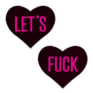 Love: 'Let's F*ck' Black Heart on Neon Pink Base Nipple Pasties by Pastease